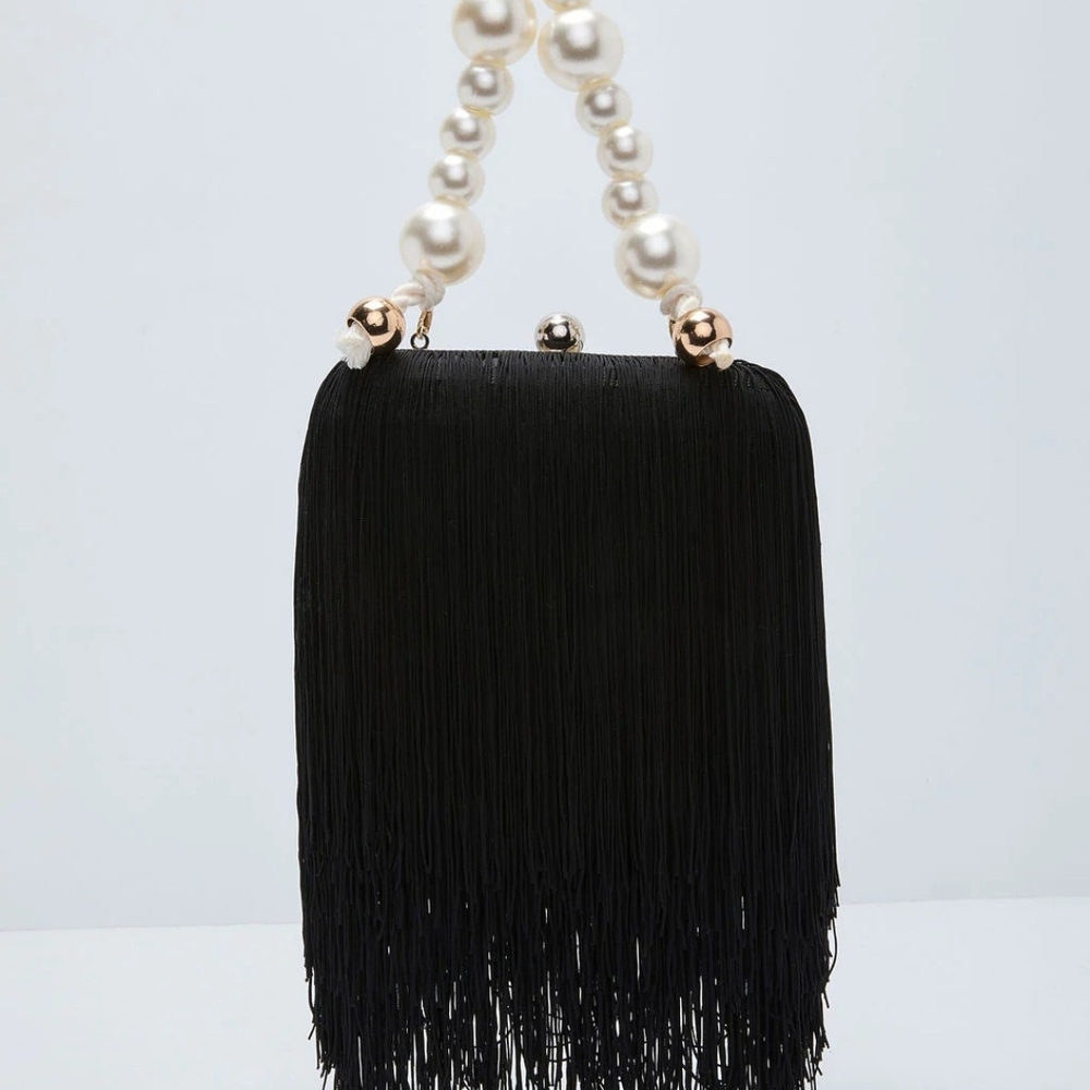 NEW IN BOX Vici Black Fringe Clutch with Pearl Handle